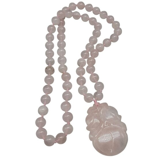 None Jewelry - Chinese Rose Quartz Hand Knotted Mala Lotus Design Necklace 28" Vintage